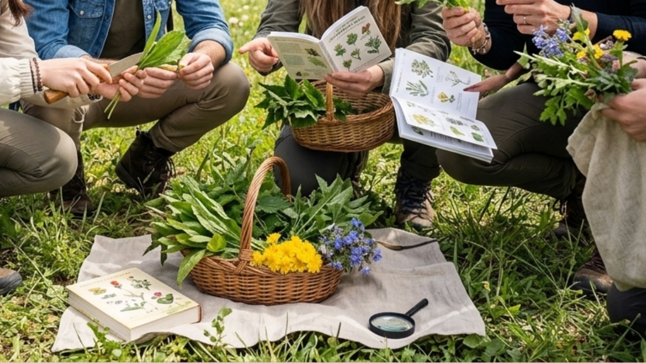 persone in mezzo alla natura raccolte attorno a un cesto con erbe spontanee
