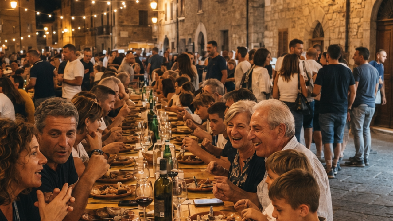 Tavolata all'aperto durante una sagra serale in un borgo. Decine di persone di tutte le età cenano e conversano attorno a un lungo tavolo illuminato da fili di luci sospese. Sullo sfondo la piazza è animata da visitatori e stand gastronomici, creando un'atmosfera conviviale e festosa.