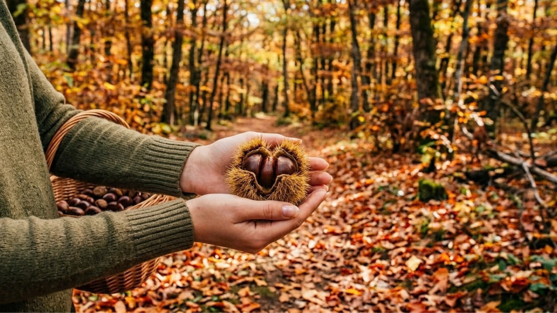 bosco autunnale con primo piano sulle mani che tengono dei ricci di castagne